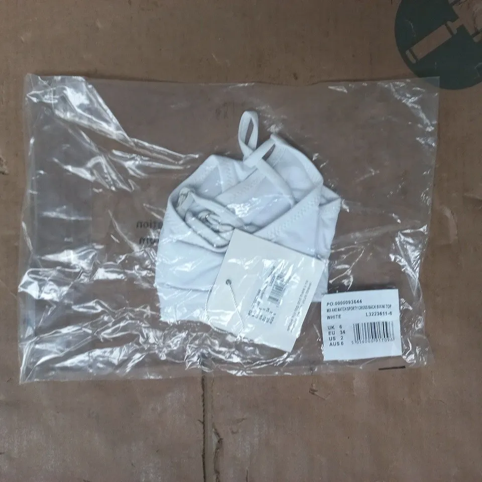 BAGGED MISSGUIDED MIX AND MATCH SPORTY CROSS BACK BIKINI TOP IN WHITE SIZE UK 6