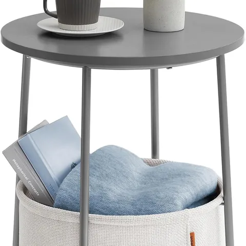 BOXED VASAGLE SIDE TABLE, ROUND END TABLE WITH FABRIC BASKET