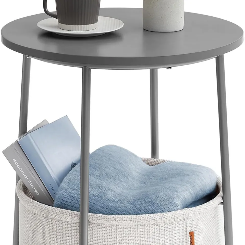 BOXED VASAGLE SIDE TABLE, ROUND END TABLE WITH FABRIC BASKET