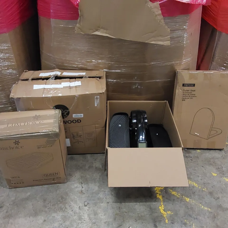 PALLET OF ASSORTED ITEMS INCLUDING: ELLIPTICAL MACHINE, OFFICE CHAIR, AIR BED, TOILET SEAT