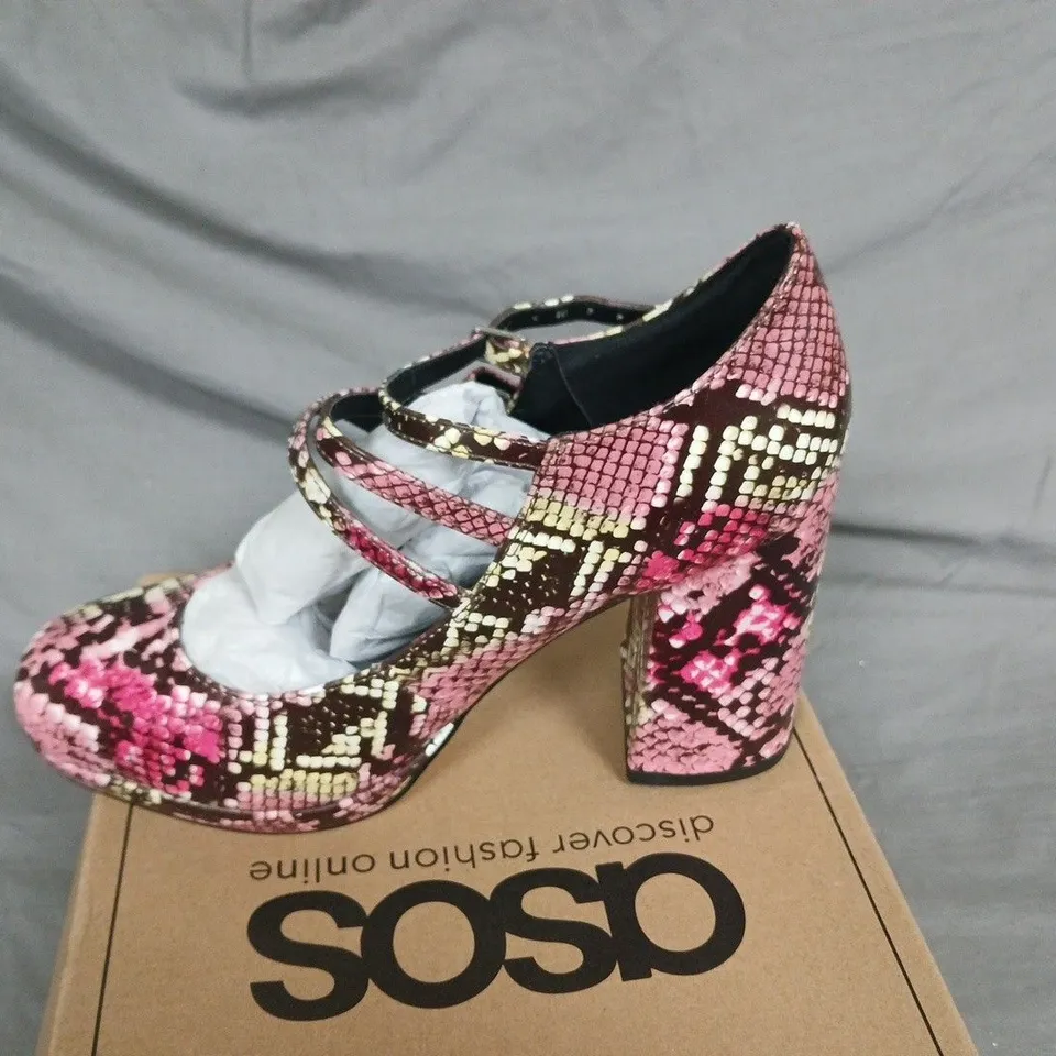 BOXED ASOS SNAKE PRINT POP UP HEELS - UK 7