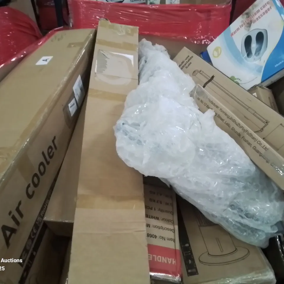 PALLET CONTAINING VARIOUS ASSORTED ITEMS TO INCLUDE:BED ASSIST RAIL, RETRACTABLE SAFETY GATE, AIR COOLING UNITS, FOOT MASSAGER AND LOTS MORE UNMARKED BOXED ITEMS 