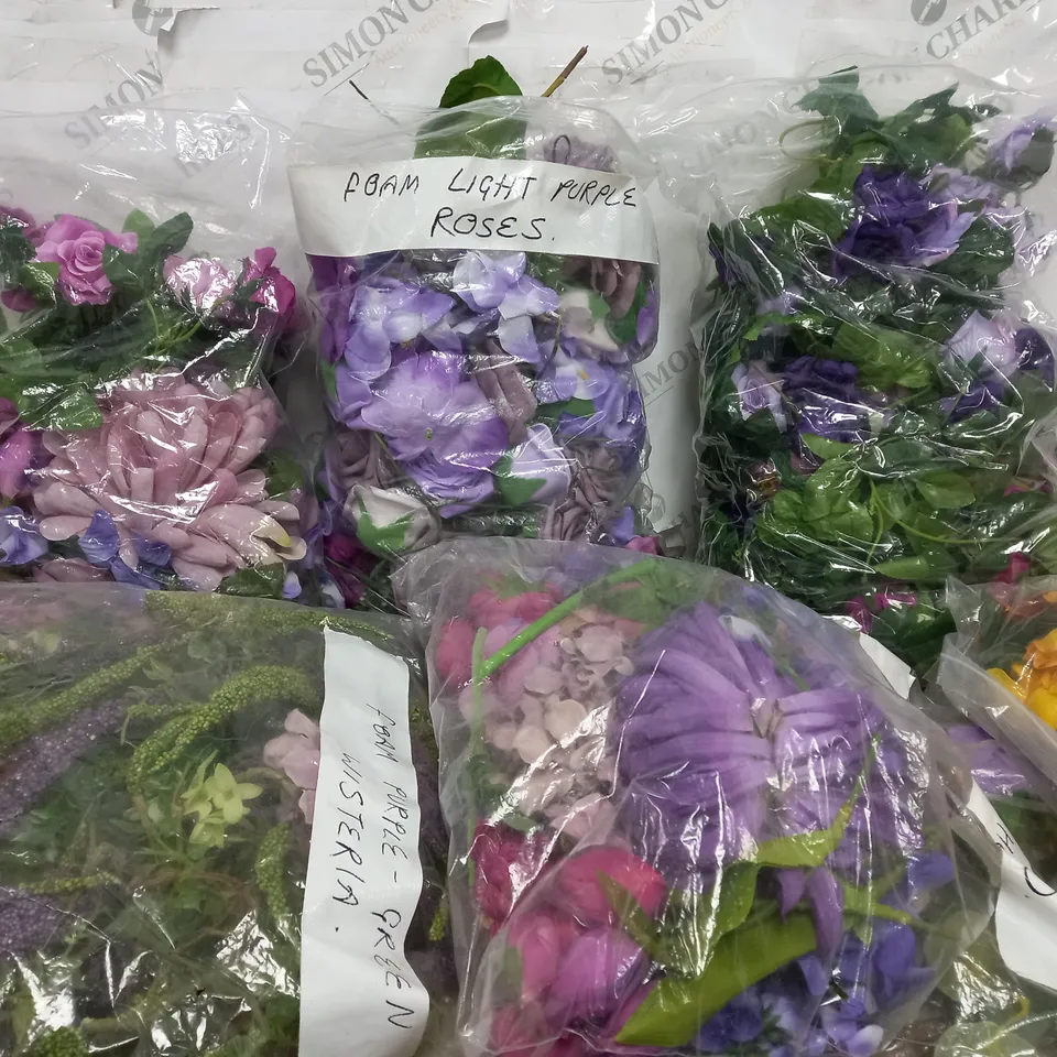 BOX OF APPROXIMATELY 6 PACKS OF FAUX FLOWERS TO INCLUDE LIGHT PURPLE ROSES, GREEN WISTERIA, YELLOW FLOWERS ETC