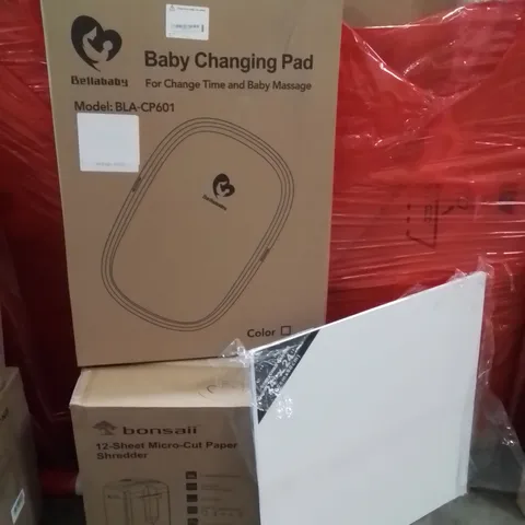PALLET OF ASSORTED HOUSEHOLD GOODS AND PRODUCTS TO INCLUDE;PAPER SHREDDER,STRETCHED CANVAS,BABY CHANGING PAD