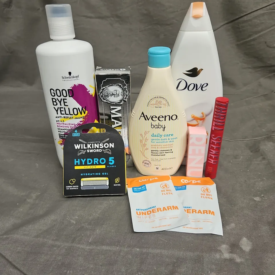 APPROXIMATEY 20 HEALTH AND BEAUTY PRODUCTS TO INCLUDE - RIMMEL THRILL SEEKER MASCARA - AVEENO BABY WASH - DOVE BODY WASH - ETC