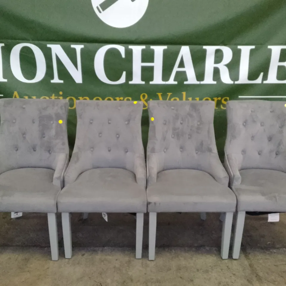 SET OF 4 NEW DUKE GREY VELVET BUTTON BACK DINING CHAIR (GREY LEG)