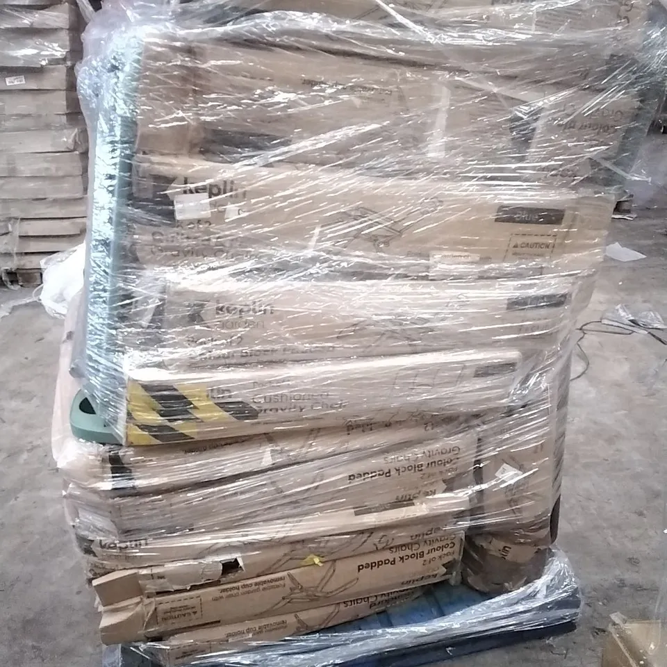 A PALLET THAT CONTAINS APPROXIMATELY 20 GRAVITY CHAIRS ETC