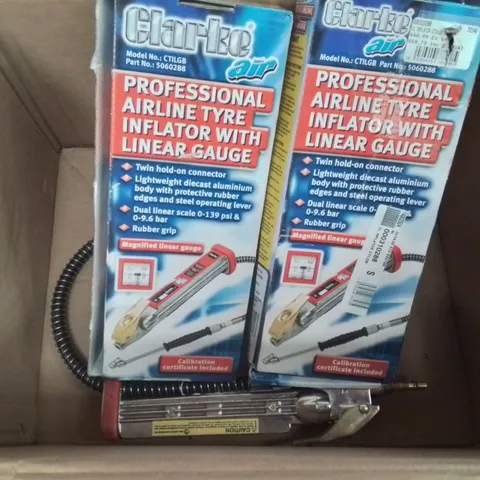 MIXED BOX OF TOOLS TO INCLUDE: X3 CLARKE AIR PROFESSIONAL AIRLINE TYRE INFLATOR WITH LINEAR GAUGE