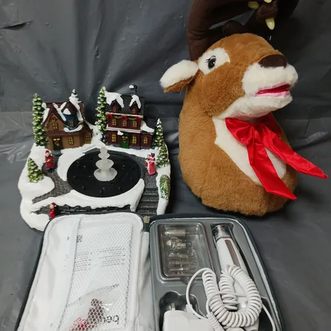 APPROXIMATELY 10 ASSORTED ITEMS TO INCLUDE FESTIVE SCENE DECOR, REINDEER PLUSH, BEURER MANICURE SET, ETC