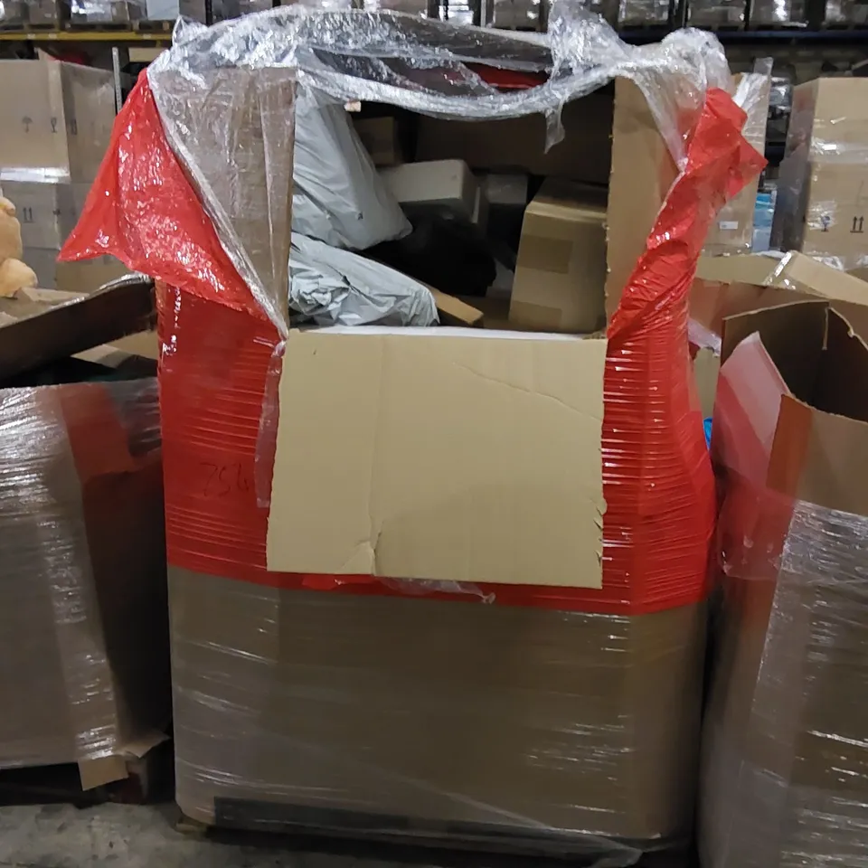 PALLET TO CONTAIN ASSORTED HOUSEHOLD ITEMS. INCLUDES TOILET SEAT, BOXED FURNITURE, DECORATIVE ITEMS ETC 