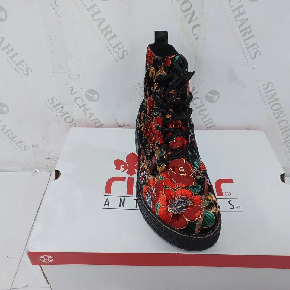 BOXED PAIR OF RIEKER LACE UP BOOTS MULTI/FLORAL PATTERN - SIZE 5