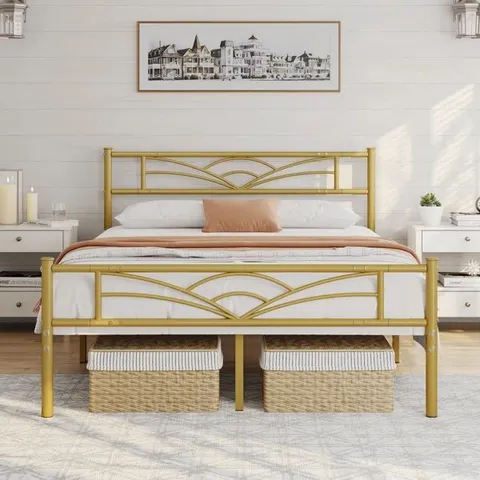 BOXED YAHETECH 88.5cm HEIGHT METAL BED FRAME WITH CLOUD - INSPIRED DESIGN HEADBOARD // COLOUR: ANTIQUE GOLD // SIZE: KING (1 BOX)