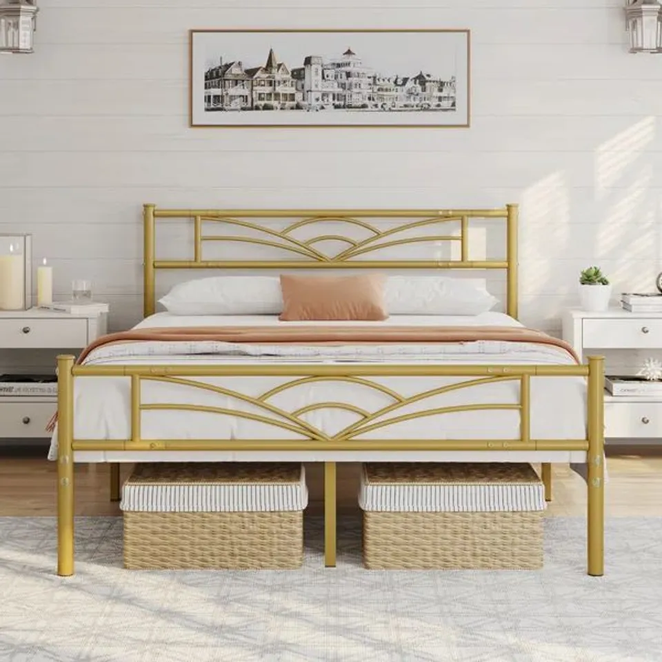 BOXED YAHETECH 88.5cm HEIGHT METAL BED FRAME WITH CLOUD - INSPIRED DESIGN HEADBOARD // COLOUR: ANTIQUE GOLD // SIZE: KING (1 BOX)