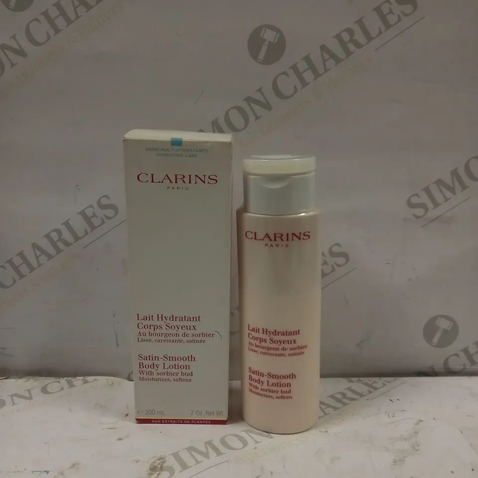 BOXED BOTTLE OF CLARINS SATIN-SMOOTH BODY LOTION, 200 ML