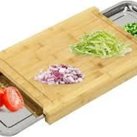 BOXED DURABLE AND ECO - FRIENDLY BAMBOO CHOPPING BOARD WITH SLIDING STAINLESS STEEL TRAYS