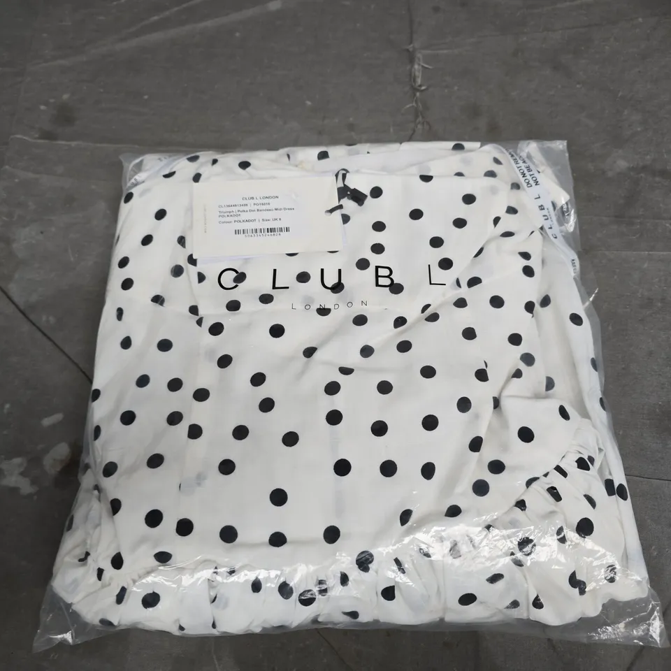 CLUB L LONDON POLKA DOT BANDEAU MIDI DRESS – UK 8