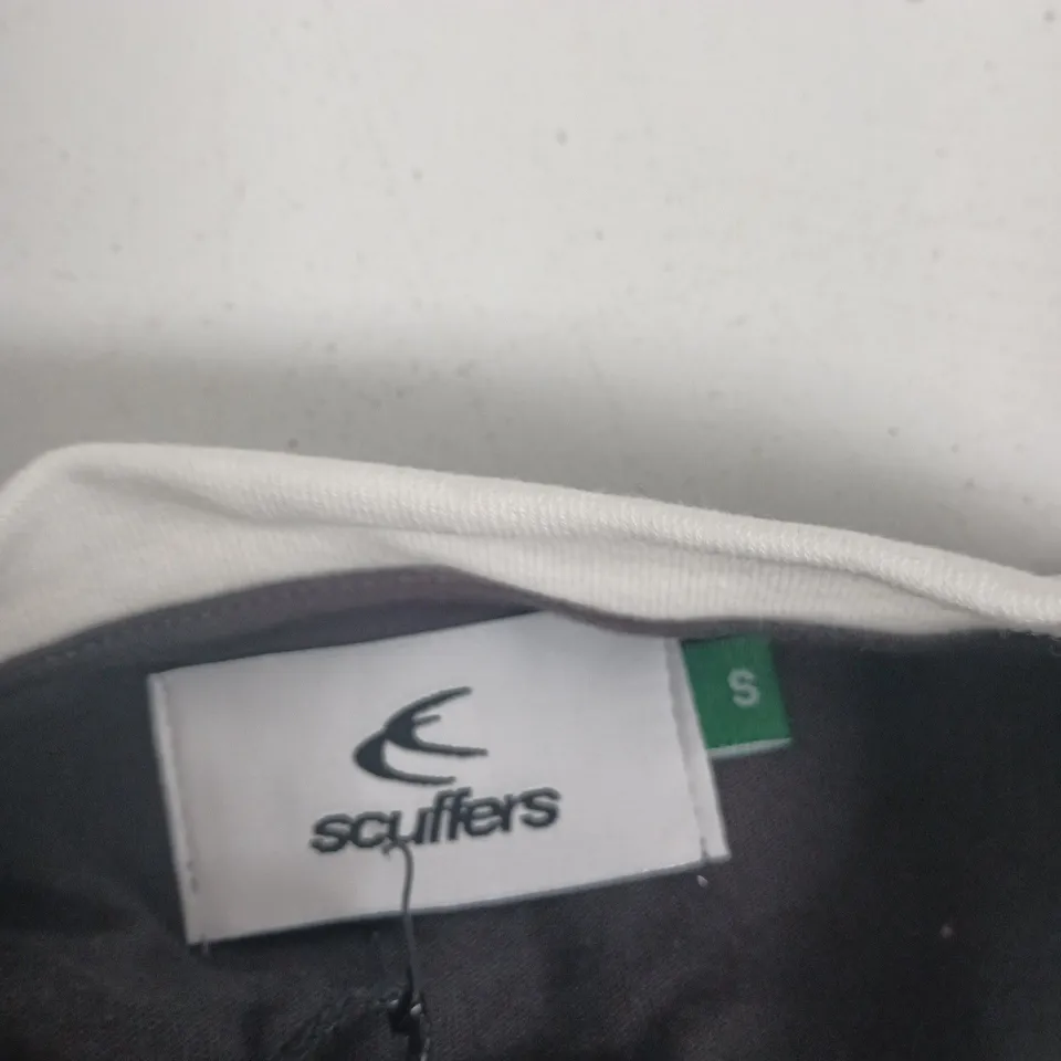 SCUFFLERS T-SHIRT – UK SIZE S, BLACK WITH WHITE SLEEVE STRIPES