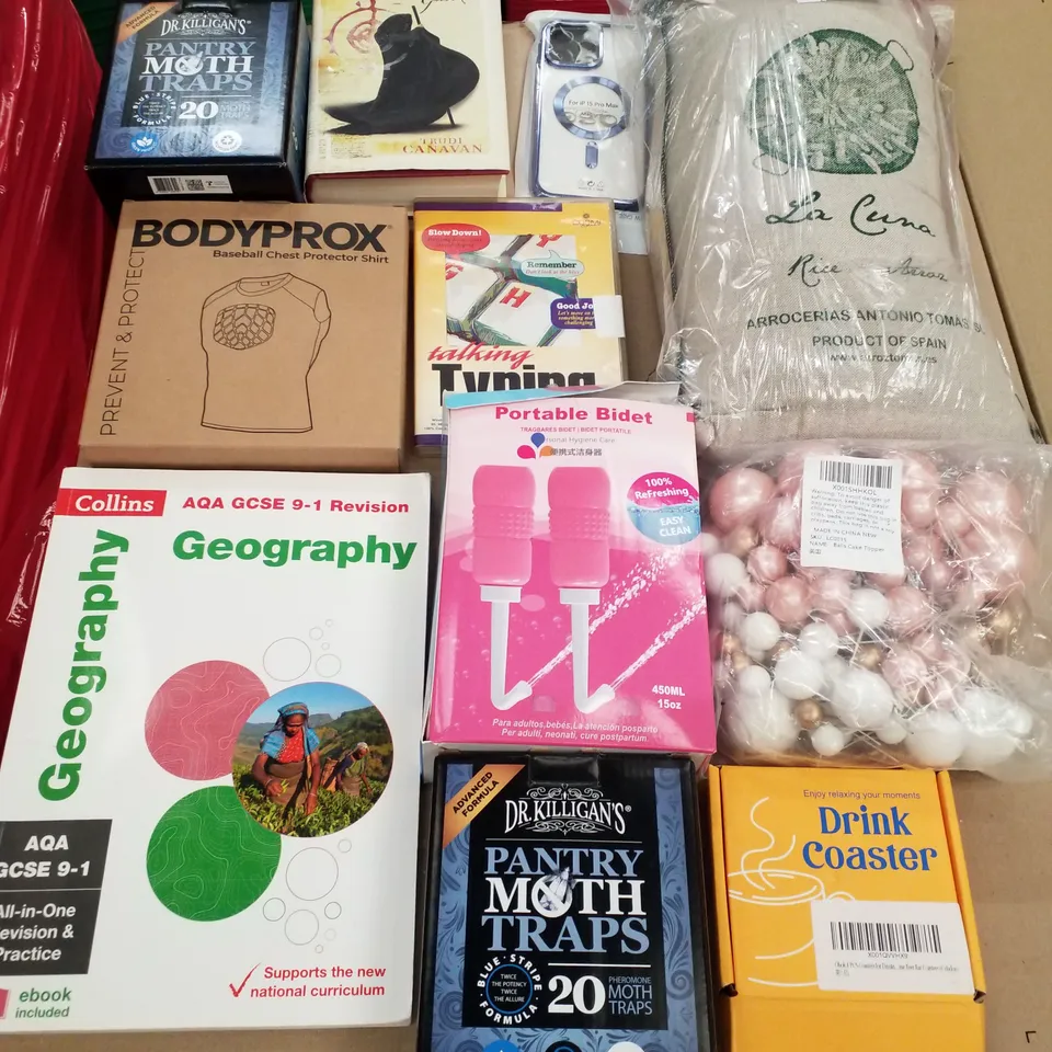 PALLET OF 6 BOXES CONTAINING ASSORTED PRODUCTS INCLUDING BASEBALL CHEST PROTECTOR SHIRT, BALL CAKE TOPPER, DRINK COASTER, PORTABLE BIDET, PAELLA RICE, TYPING TEACHER DVD