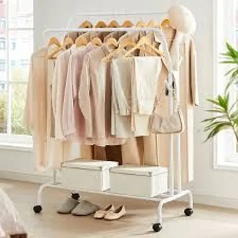 BOXED SONGMICS CLOTHES RAIL, CLOTHES RACK, DOUBLE CLOTHES HANGING RAIL, HEAVY-DUTY METAL FRAME, WITH WHEELS AND SHELF