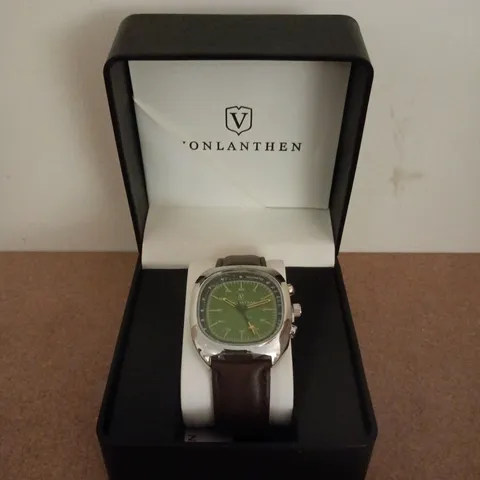 BOXED VONLANTHEN GREEN DIAL BROWN LEATHER STRAP WATCH 