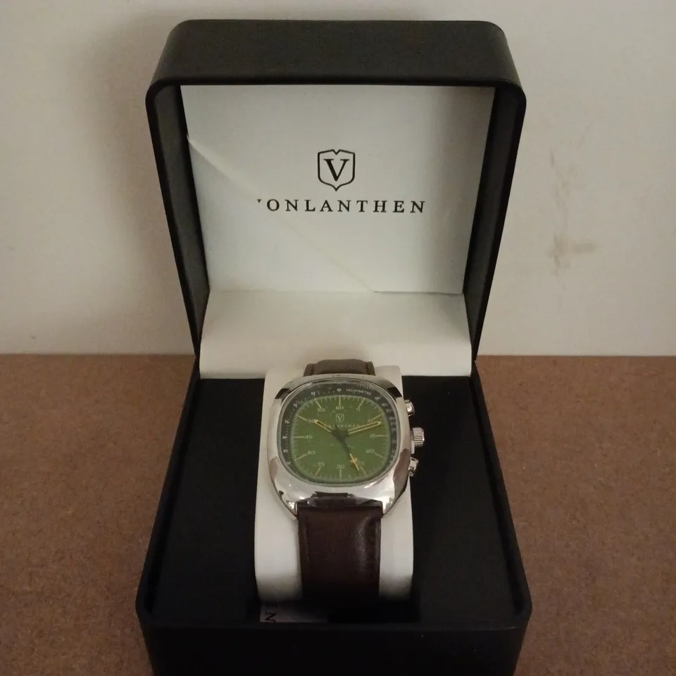 BOXED VONLANTHEN GREEN DIAL BROWN LEATHER STRAP WATCH