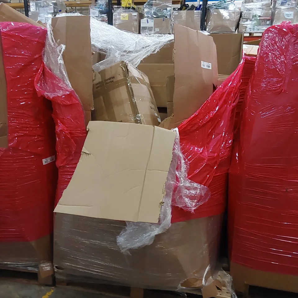 PALLET OF ASSORTED HOUSEHOLD ITEMS AND CONSUMER PRODUCTS. INCLUDES; MATTRESS TOPPER, ECO STUFFING MACHINE, BOXED FURNITURE ETC 