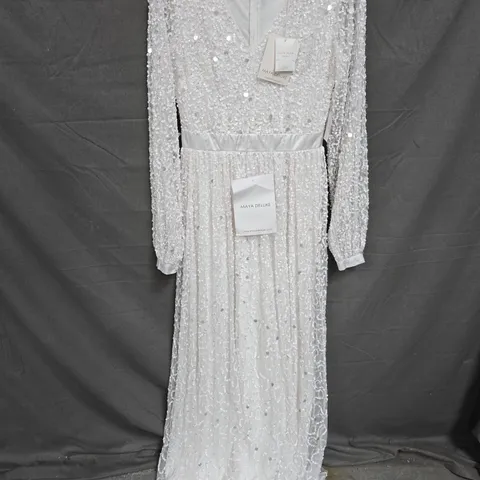 MAYA DELUXE BRIDAL EMBELLISHED LONG SLEEVED V-NECK DRESS - 10