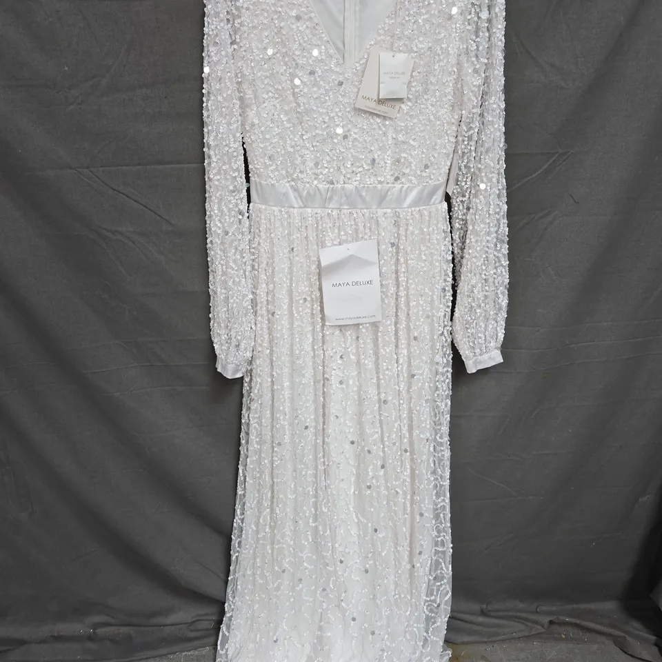 MAYA DELUXE BRIDAL EMBELLISHED LONG SLEEVED V-NECK DRESS - 10