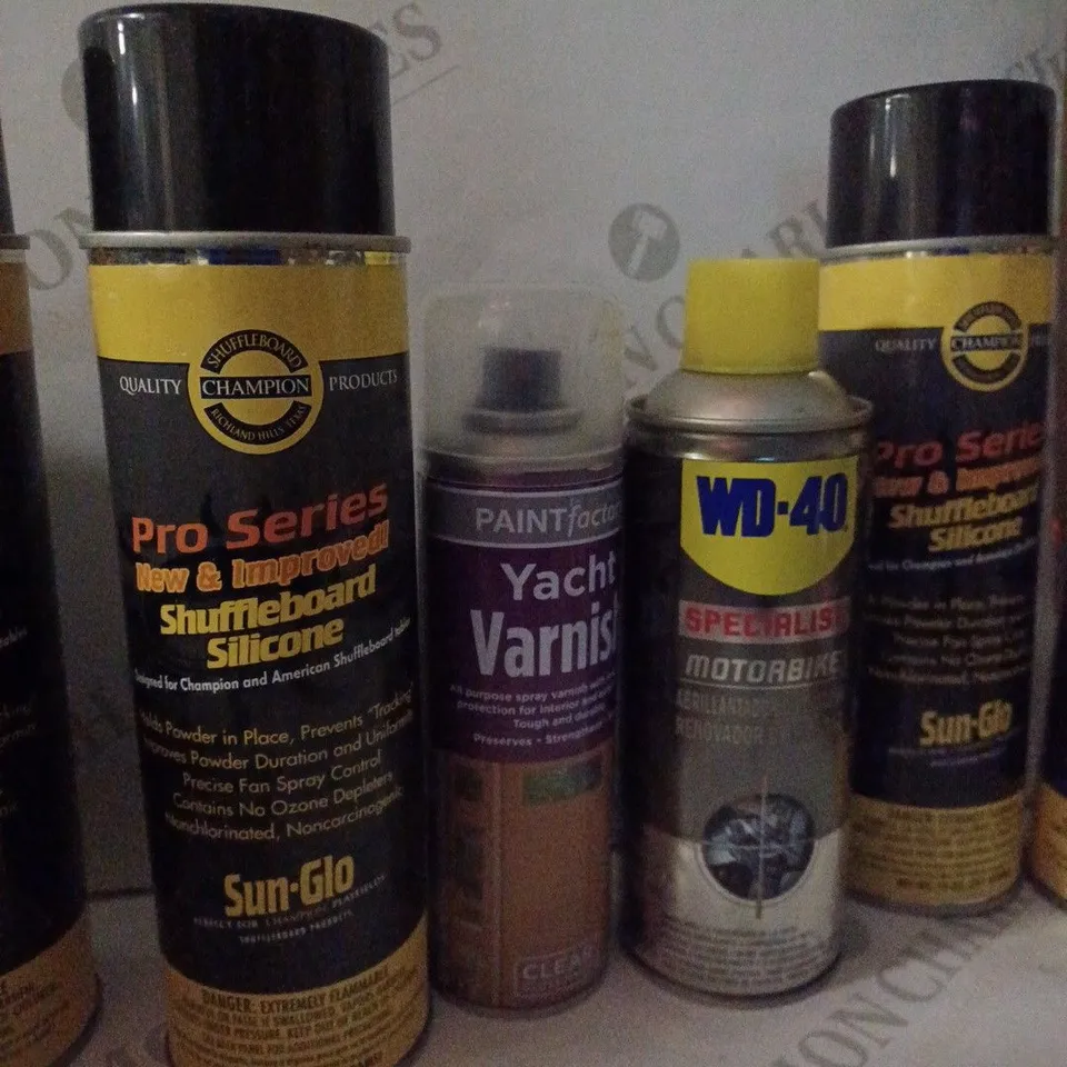 LOT OF HOUSEHOLD ITEMS TO INCLUDE PRO-SERIES SHUFFLEBOARD SILICONE , WD-40 , ETC