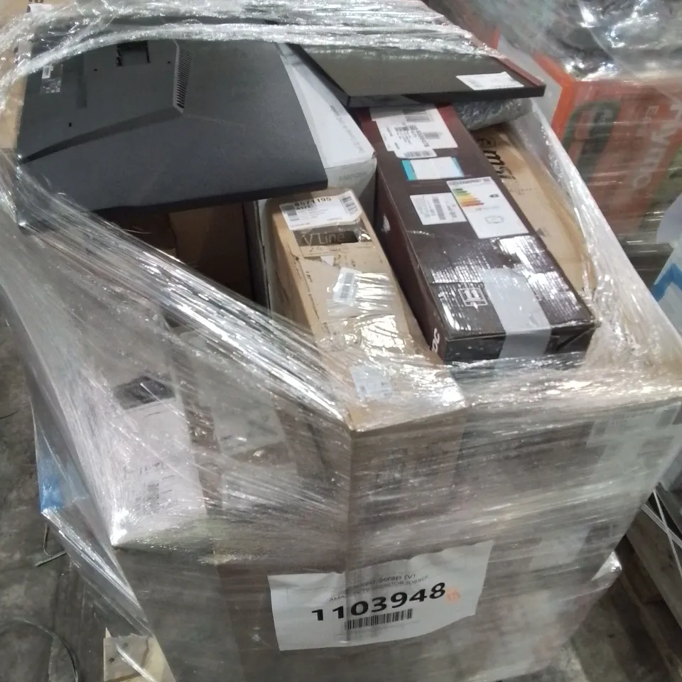 PALLET OF APPROXIMATELY 23 UNPROCESSED RAW RETURN MONITORS, SPEAKERS AND TELEVISIONS TO INCLUDE;