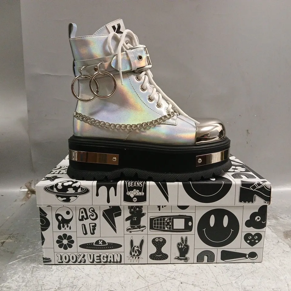 BOXED PAIR OF KOI BORIN HARDWARE PLATFORM BOOTS IN SILVER HOLOGRAM SIZE UK 3