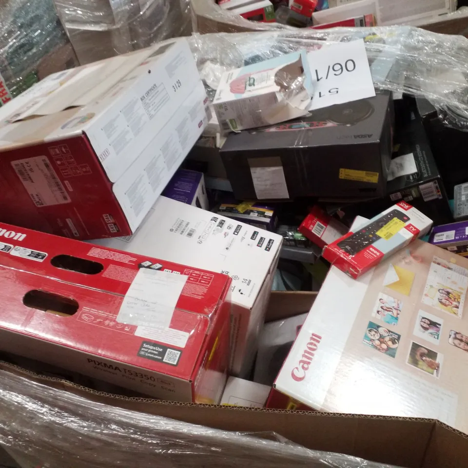 PALLET CONTAINING ASSORTED ELECTRICAL PRODUCTS INCLUDING CANON PIXMA TS3350 PRINTER, DIGITAL RADIO, UNIVERSAL TV WALL MOUNTS, HDMI DVD PLAYER, WIRELESS HEADPHONES & UNIVERSAL REMOTE 