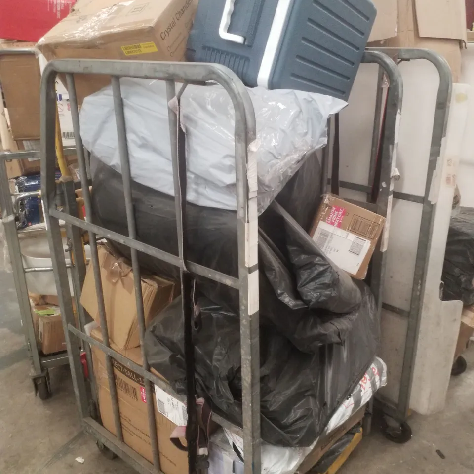 CAGE CONTAINING ASSORTED PRODUCTS INCLUDING COOLER BOX, CRYSTAL CHANDELIER, STEAM MOP & SACK TRUCK