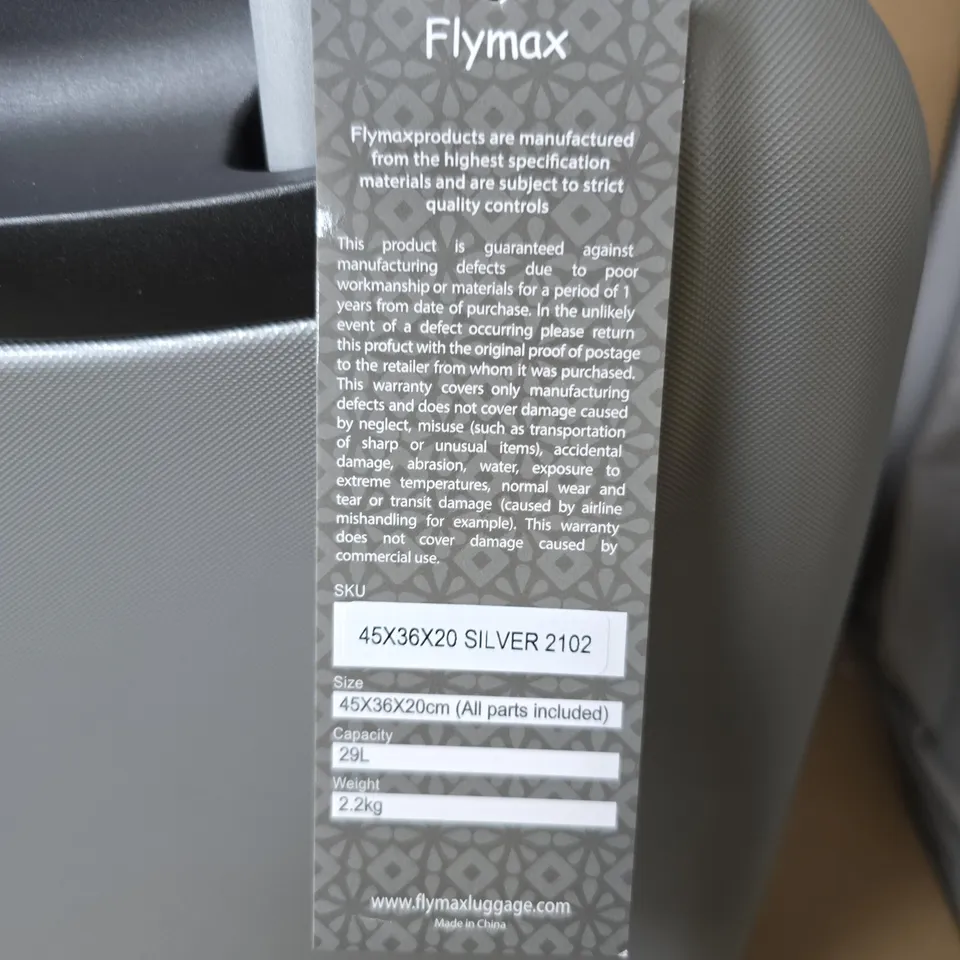FLYMAX SILVER HARD-SHELL CARRY-ON LUGGAGE, 45X36X20 CM, 2.2 KG