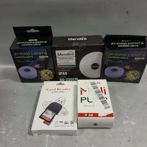 APPROXIMATELY 20 ASSORTED ELECTRICAL PRODUCTS TO INCLUDE CAMPING LIGHTS, CARD READER, ELECTRIC PUMP ETC