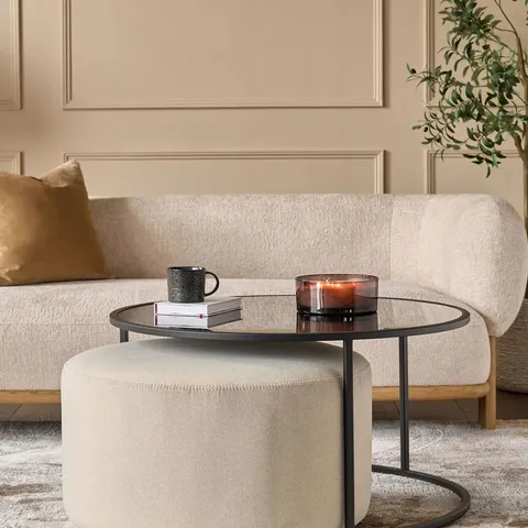 BOXED DANETTI THEA SMOKED MIRROR COFFEE TABLE AND CREAM PLUSH FABRIC POUFFE SET