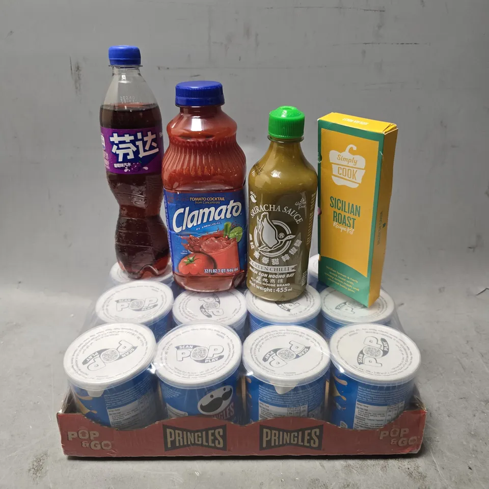 APPROXIMATELY 8 ASSORTED FOOD & DRINK ITEMS TO INCLUDE - FANTA , CLAMATO , PRINGLES SALT & VINEGAR ETC