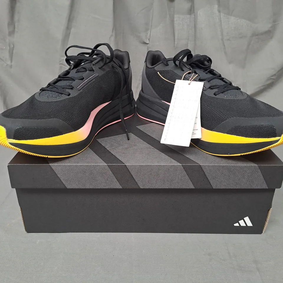 BOXED PAIR OF ADIDAS DURAMO SPEED SHOES IN BLACK/MULTICOLOUR UK SIZE 10