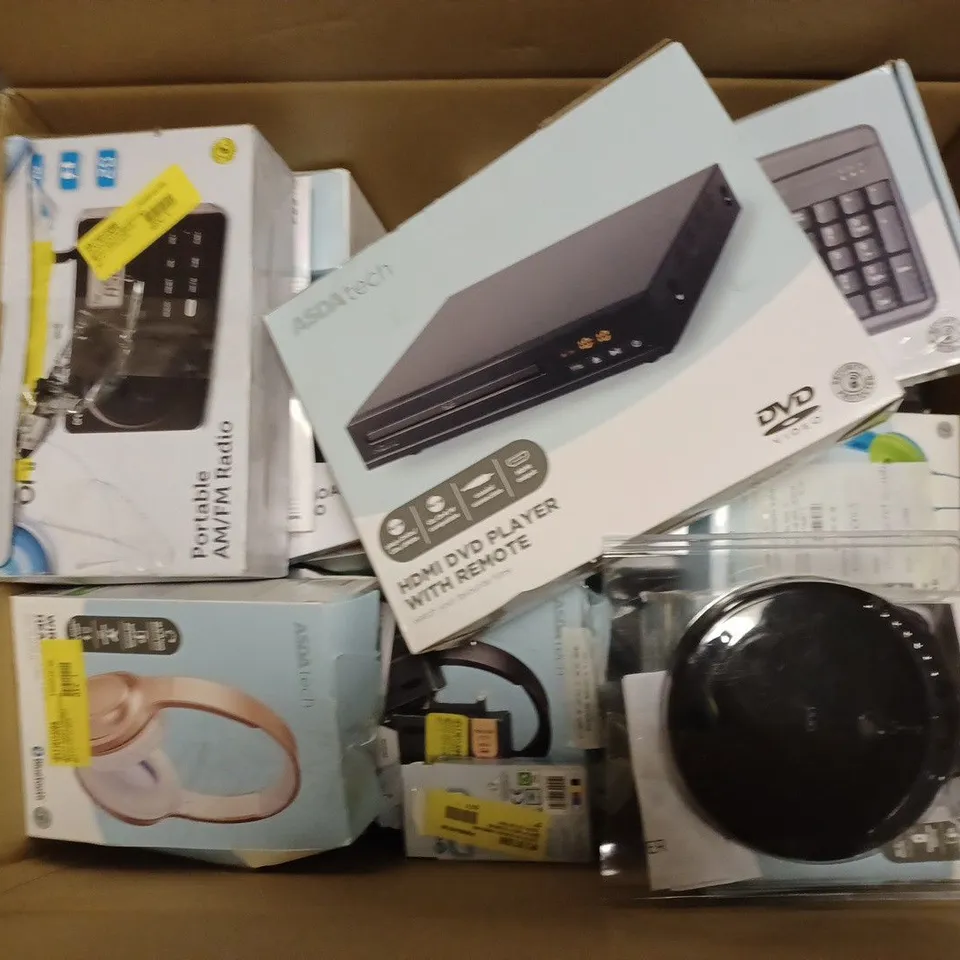 LARGE BOX OF ASSORTED ITEMS TO INCLUDE ONN PERSONAL CD PLAYER, WIRELESS HEADPHONES, HDMI DVD PLAYER WITH REMOTE, ETC