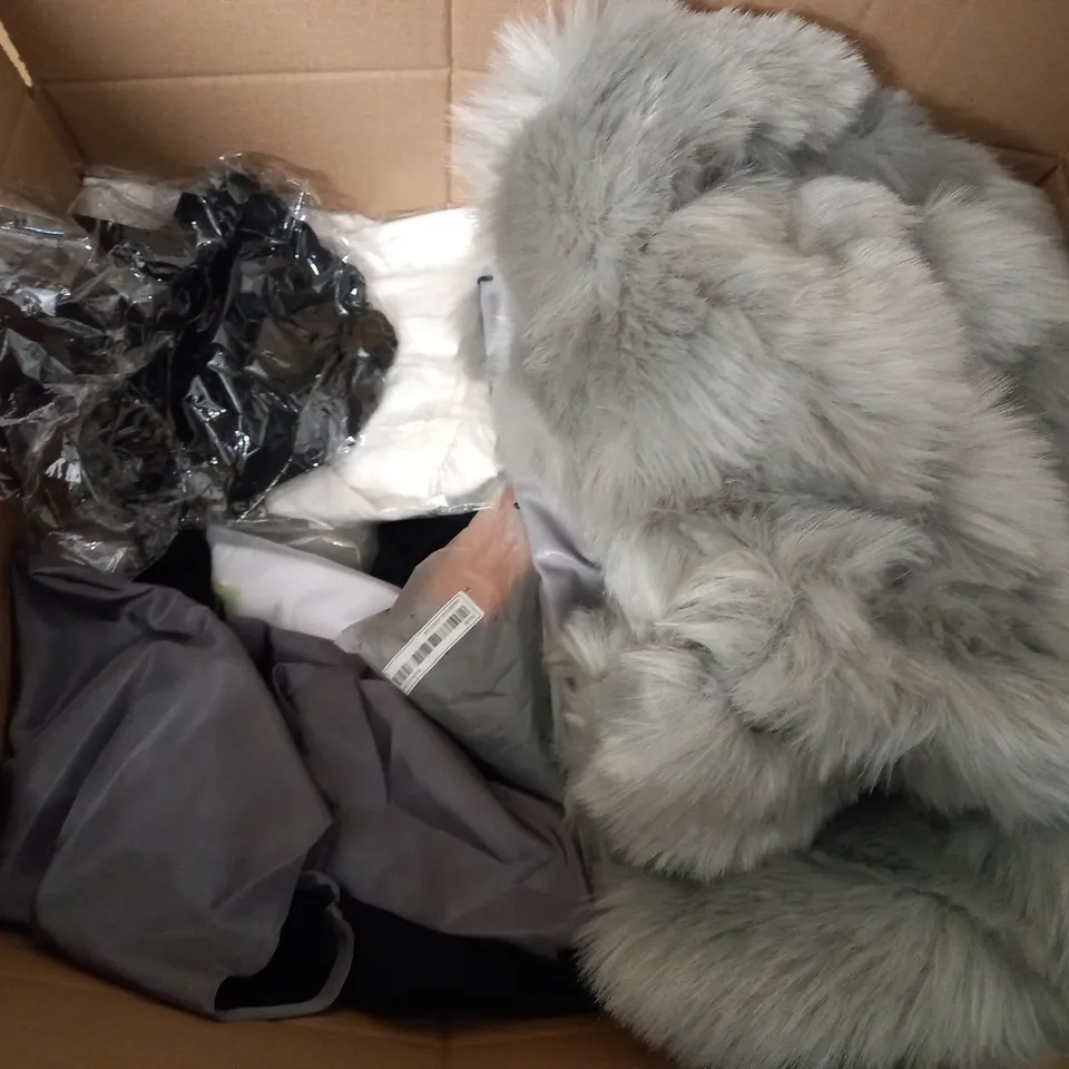 BOX OF ASSORTED CLOTHING ITEMS TOO INCLUDE JUMPERS, SHIRTS AND TROUSERS IN VARIOUS SIZES AND COLOURS   