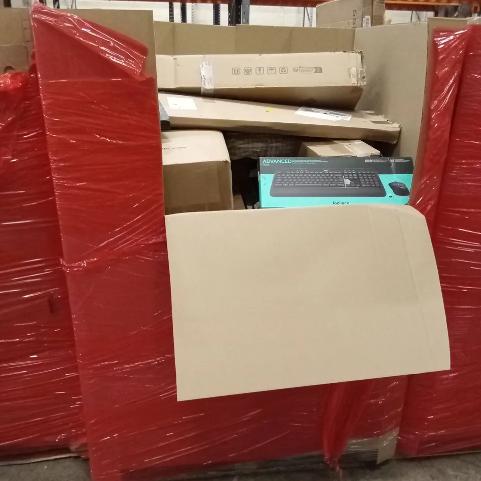PALLET OF ASSORTED HOUSEHOLD GOODS AND PRODUCTS TO INCLUDE; COMPUTER KEYBOARD, BEDROOM PRODUCTS, BOXED FURNITURE ETC