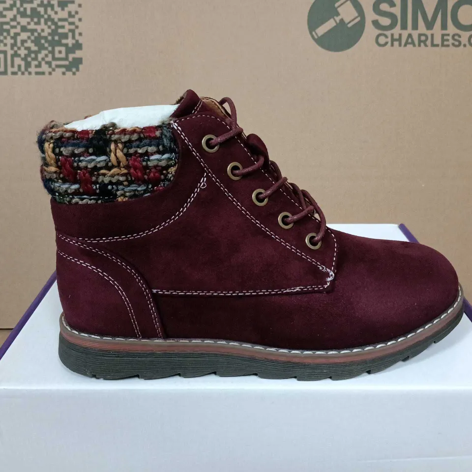 BOXED PAIR OF LOTUS SYCAMORE BORDO SUEDE BOOTS – WOMEN'S ANKLE BOOTS, UK 3