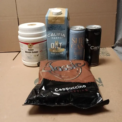 TOTE OF APPROXIMATELY 12 ASSORTED FOOD/DRINK ITEMS TO INCLUDE CLASSIC CAPPUCCINO TOPPING, CANO WATER, SHE CAN, CALIFIA OAT DRINK ETC