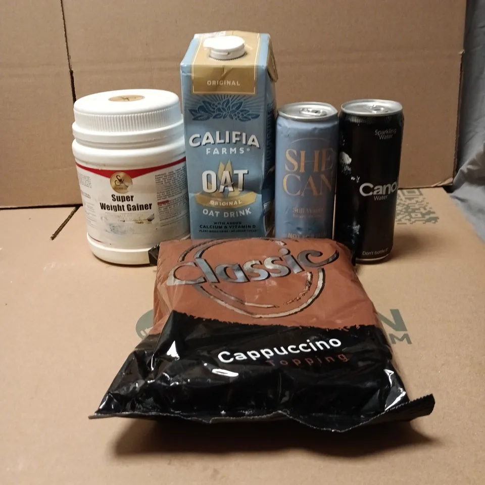 TOTE OF APPROXIMATELY 12 ASSORTED FOOD/DRINK ITEMS TO INCLUDE CLASSIC CAPPUCCINO TOPPING, CANO WATER, SHE CAN, CALIFIA OAT DRINK ETC