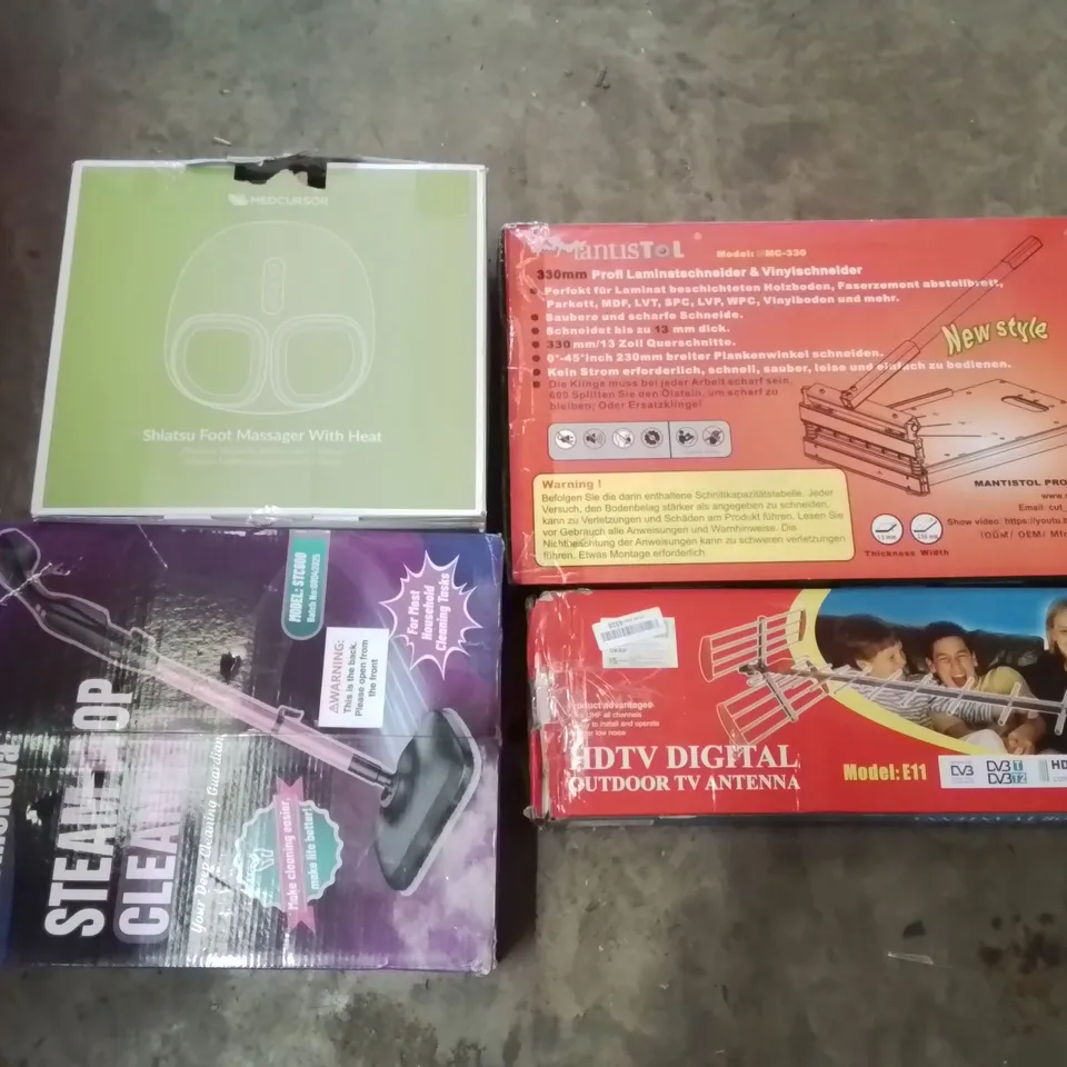 PALLET CONTAINING ASSORTED PRODUCTS INCLUDING HDTV DIGITAL OUTDOOR TV ANTENNA, STEAM MOP CLEANER, SHIATSU FOOT MASSAGER WITH HEAT & LAMINATE/VINYL FLOOR CUTTER