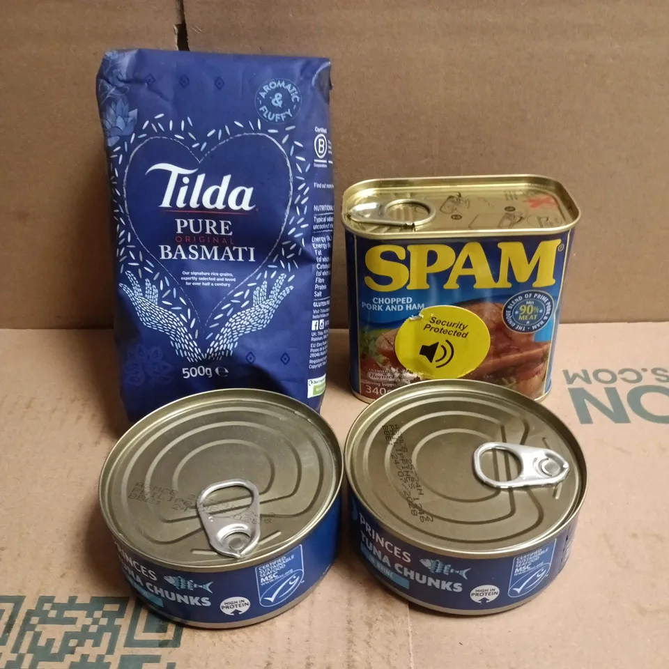 APPROXIMATELY 10 ASSORTED FOOD/DRINK PRODUCTS TO INCLUDE TILDA RICE, SPAM, TUNA ETC