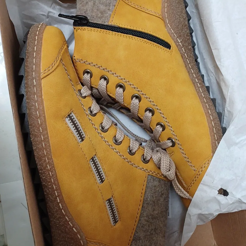 BOXED RIEKER LACE ANKLE BOOTS, YELLOW - SIZE 6