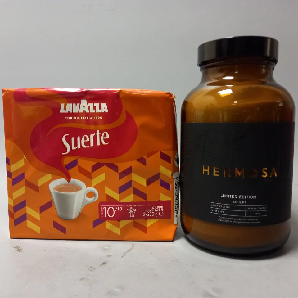 TOTE OF APPROX 7 ASSORTED FOOD ITEMS TO INCLUDE - LAVAZZA SUERTE , HERMOSE LIMITED EDITION SCULPT