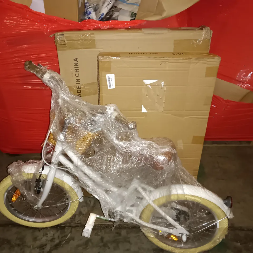 PALLET OF ASSORTED ITEMS TO INCLUDE KIDS BIKE, TOURISM TRIPOD AND NOVELTY HATS