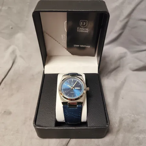 MENS ERNEST FERDINAND WATCH – DAY DATE CALENDAR DIAL – LEATHER STRAP – 3ATM WATER RESISTANT